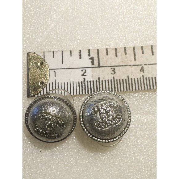 Vintage Chanel Silvertone Rhinestone Dome Shaped Double CC Pierced Earrings - Picture 7 of 7